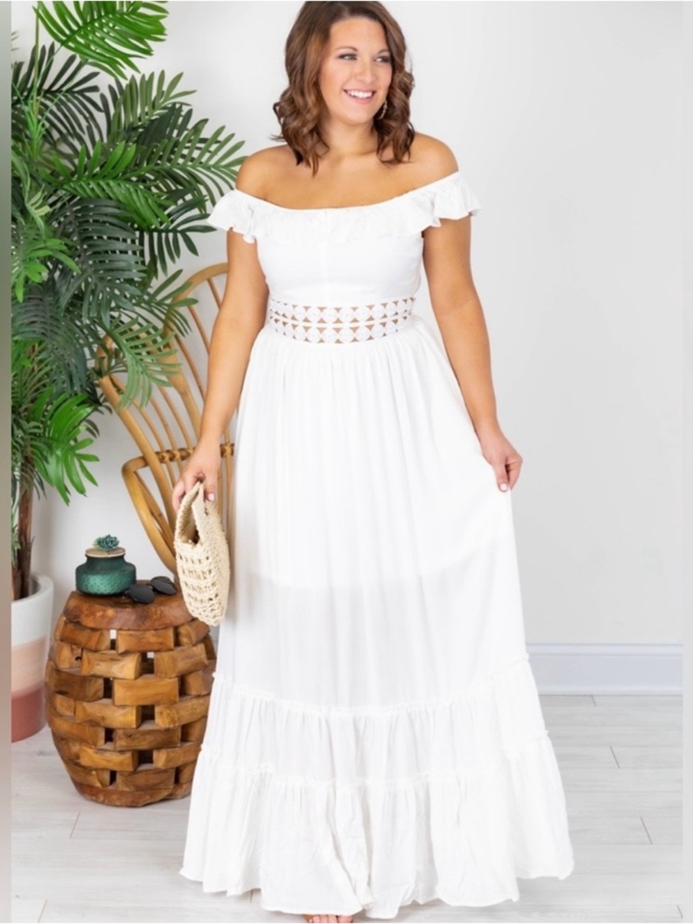 Pink Lily White Off-Shoulder Maxi Dress with Crochet Waist